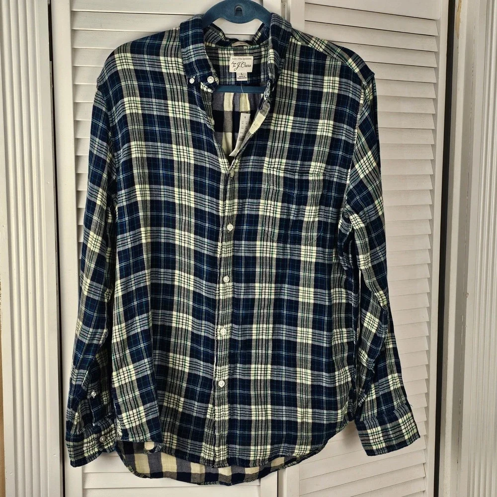 NWT J Crew Mens Navy Green Plaid Double Weave‎ Flannel Shirt Large Slim